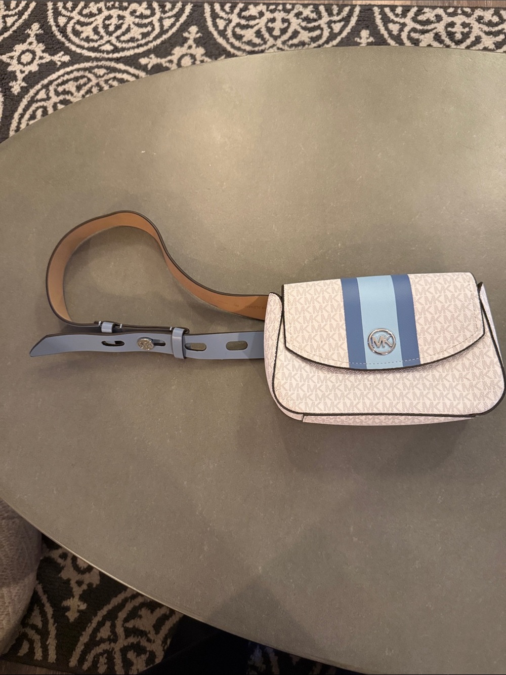 Michael Kors White & Blue Signature Stripe Crossbody Belt Bag
